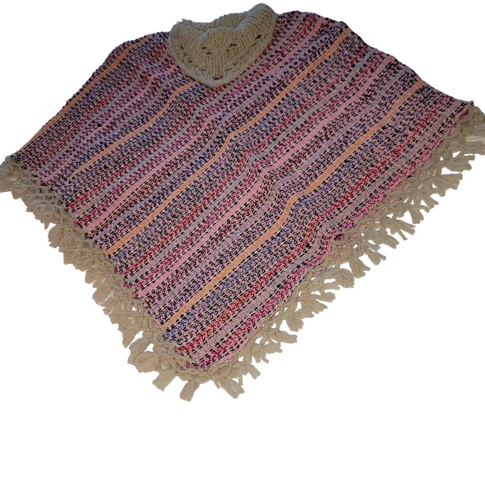 Handmade heavy poncho fringe wood button Winter One Size Multicolor Wool Cotton
